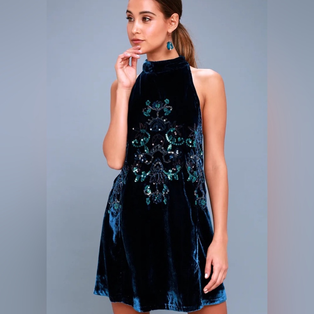 Free People Jill's Navy Blue Velvet Sequin Swing Dress size small